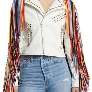 Azalea Wang Studded White Fringe Faux Leather Jacket - Rainbow Fringe